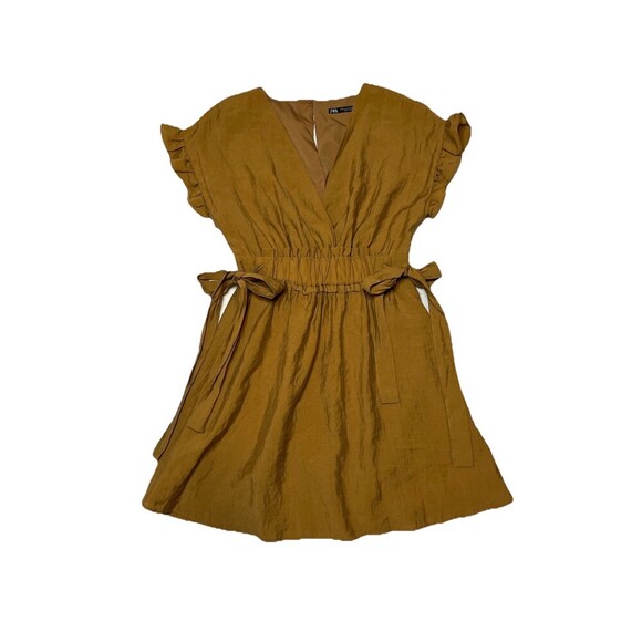 Zara V-Neck Ruffle Flutter Sleeve Brown Dress‎ Women Medium Cinched Waist Boho - Picture 2 of 10